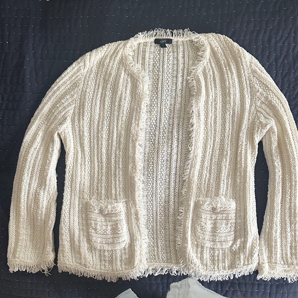 JCrew Cream Knit Sweater Jacket with Fringe, Size L